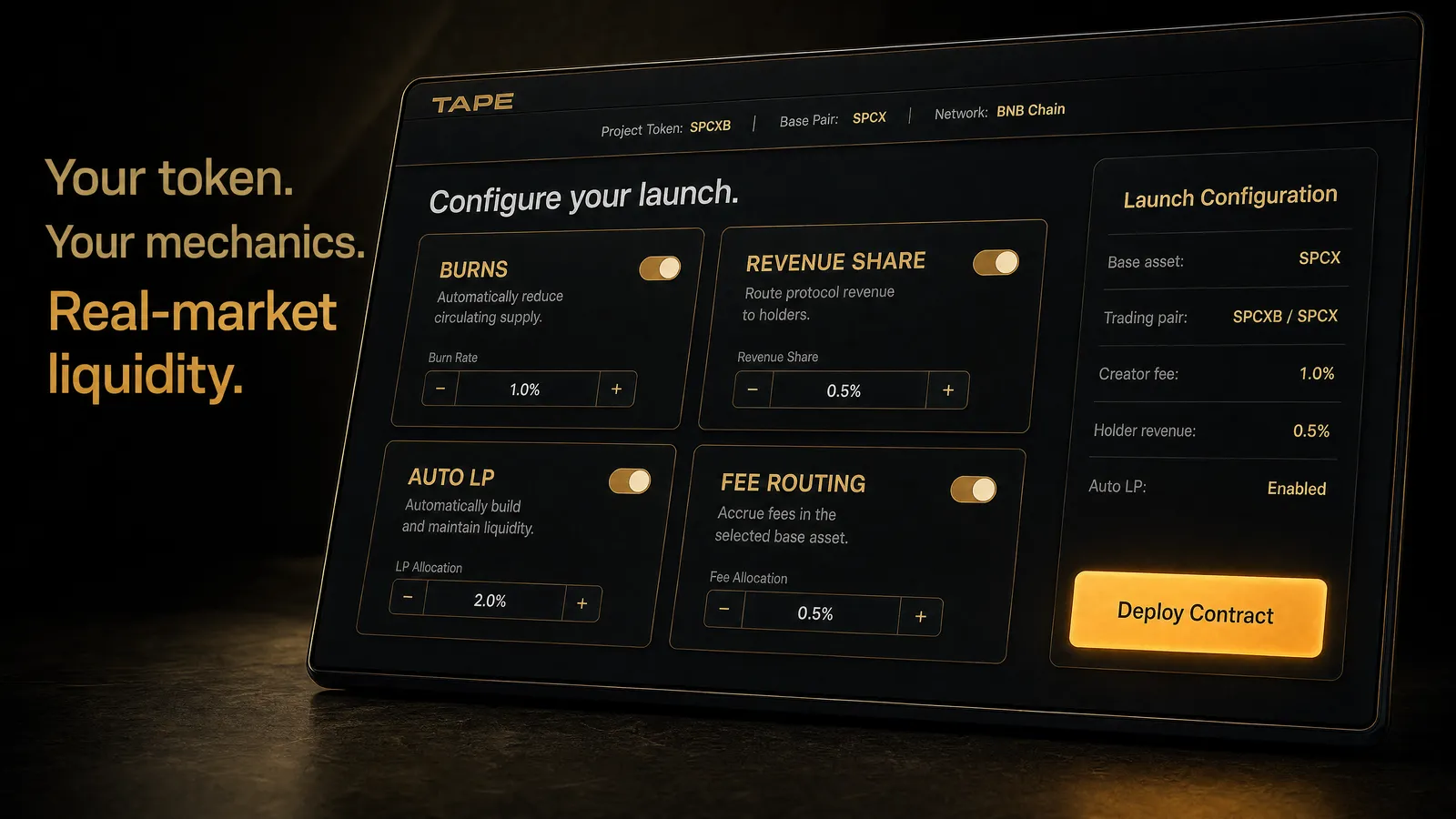The launch configuration screen: burns, revenue share, auto LP and fee routing, each switched on with a rate, beside a summary of the launch and a deploy contract button.