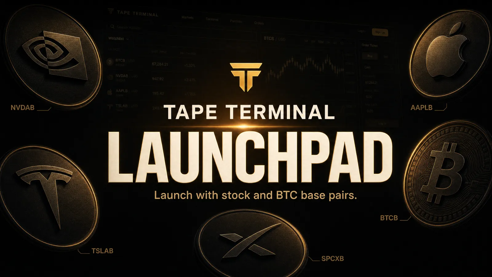 TAPE Terminal Launchpad, launching with stock and BTC base pairs. Coins struck with the NVIDIA, Apple, Tesla, SpaceX and Bitcoin marks.