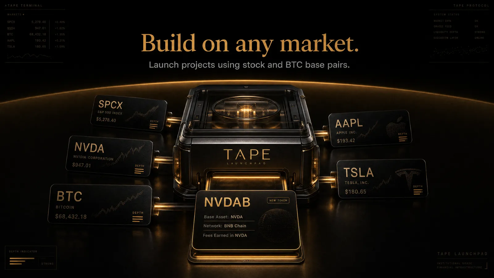 Cartridges labelled SPCX, NVDA, BTC, AAPL and TSLA feeding a machine marked TAPE Launchpad, with a new token emerging from it: base asset NVDA, network BNB Chain, fees earned in NVDA.